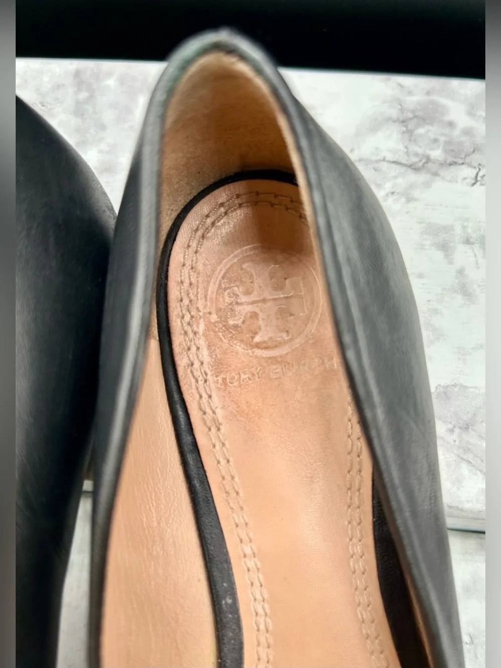 Tory Burch Black Leather Logo Ballet Flats